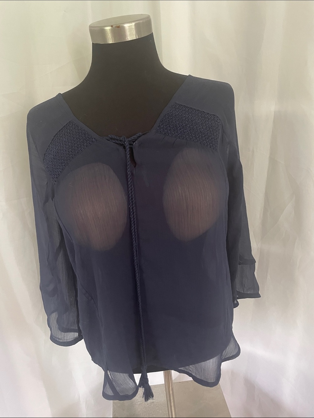 Women's Navy Sheer Tie-Front Blouse Size Small Pit to pit 18, Length 23